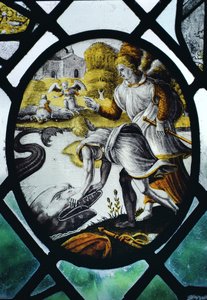 Fönster som visar Tobias och ärkeängeln Rafael vid floden Tigris av English School